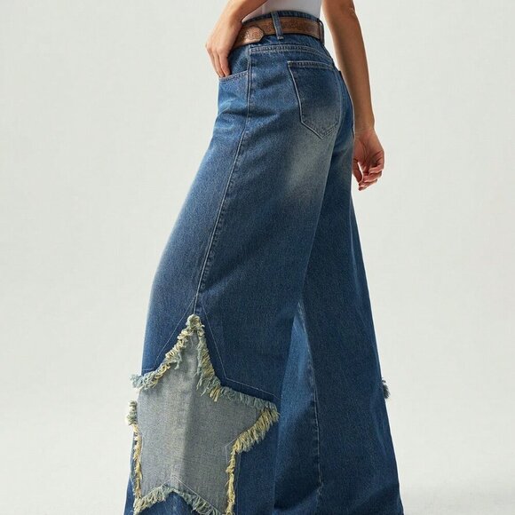 Medium Wash Casual Women's Boho Wide-Leg Jeans - Picture 4 of 7